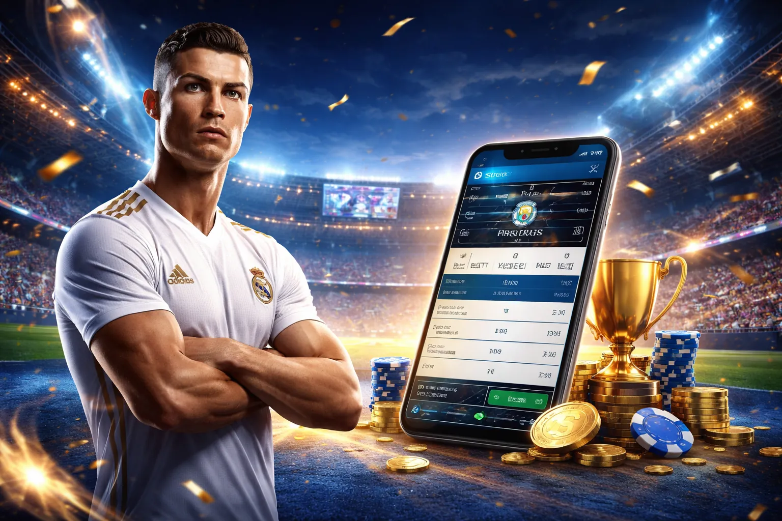 Sân vận động lớn với đèn sáng, biểu tượng k89bet và không khí cá cược thể thao sôi động